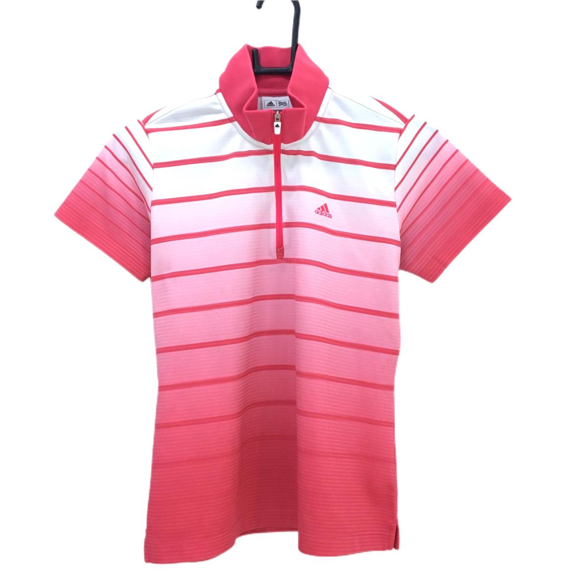 【美品】アディダス 半袖ハイネックシャツ ピンク×白 ボーダー調 グラデーション ハーフジップ  レディース L/G ゴルフウェア adidas
