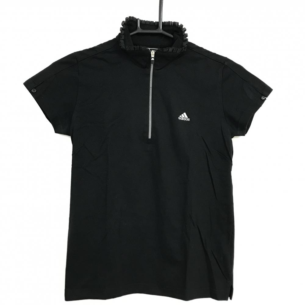 アディダス 半袖ハイネックシャツ 黒 ネックフリル ハーフジップ レディース M/M ゴルフウェア adidas