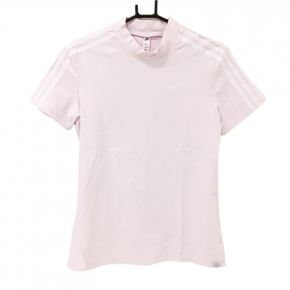 【美品】アディダス 半袖ハイネックシャツ ライトピンク×白 袖3ライン レディース L ゴルフウェア adidas