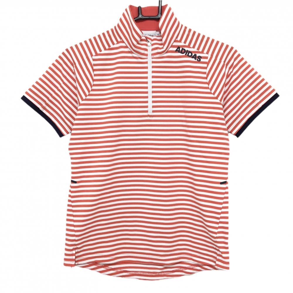 【超美品】アディダス 半袖ハイネックシャツ レッド×白 ボーダー ハーフジップ ロゴプリント レディース L/G ゴルフウェア adidas