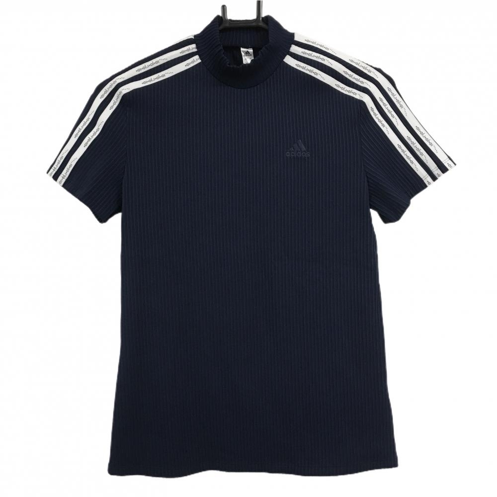 【超美品】アディダス 半袖ハイネックシャツ ネイビー ストライプ地模様 肩3ライン レディース M ゴルフウェア adidas