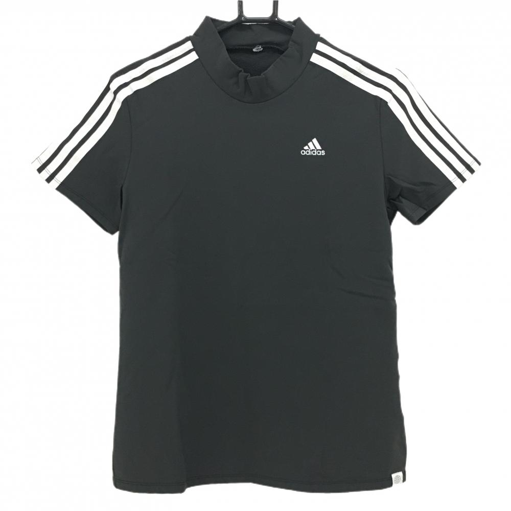 【美品】アディダス 半袖ハイネックシャツ ダークグレー×白 肩3ライン ストレッチ レディース  ゴルフウェア adidas