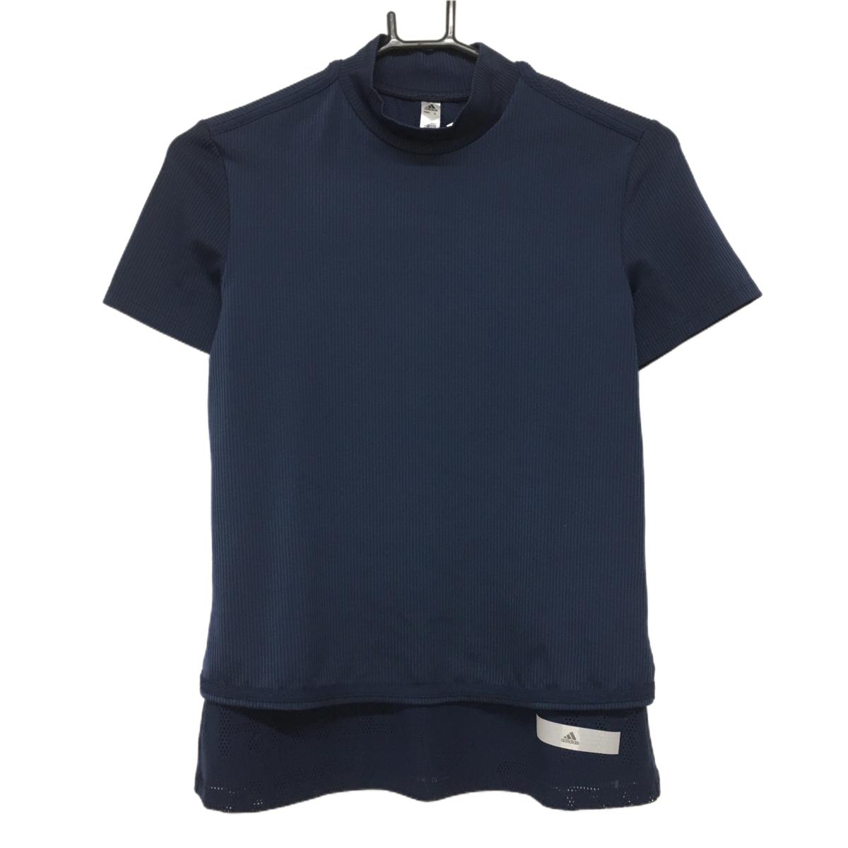 【超美品】アディダス 半袖ハイネックシャツ ネイビー レイヤード風 インナーロゴ透かし柄  レディース S ゴルフウェア adidas