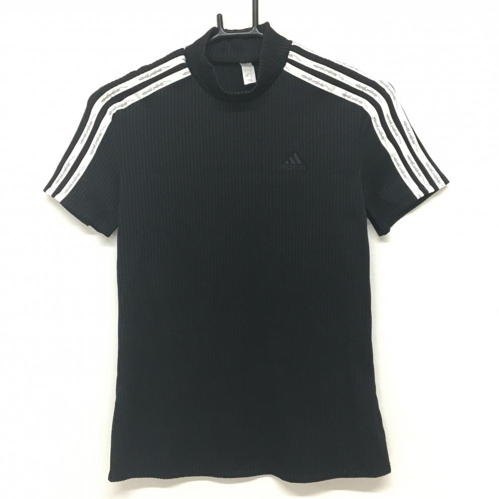 アディダス 半袖ハイネックシャツ 黒×白 袖3ライン 凹凸生地  レディース M ゴルフウェア adidas