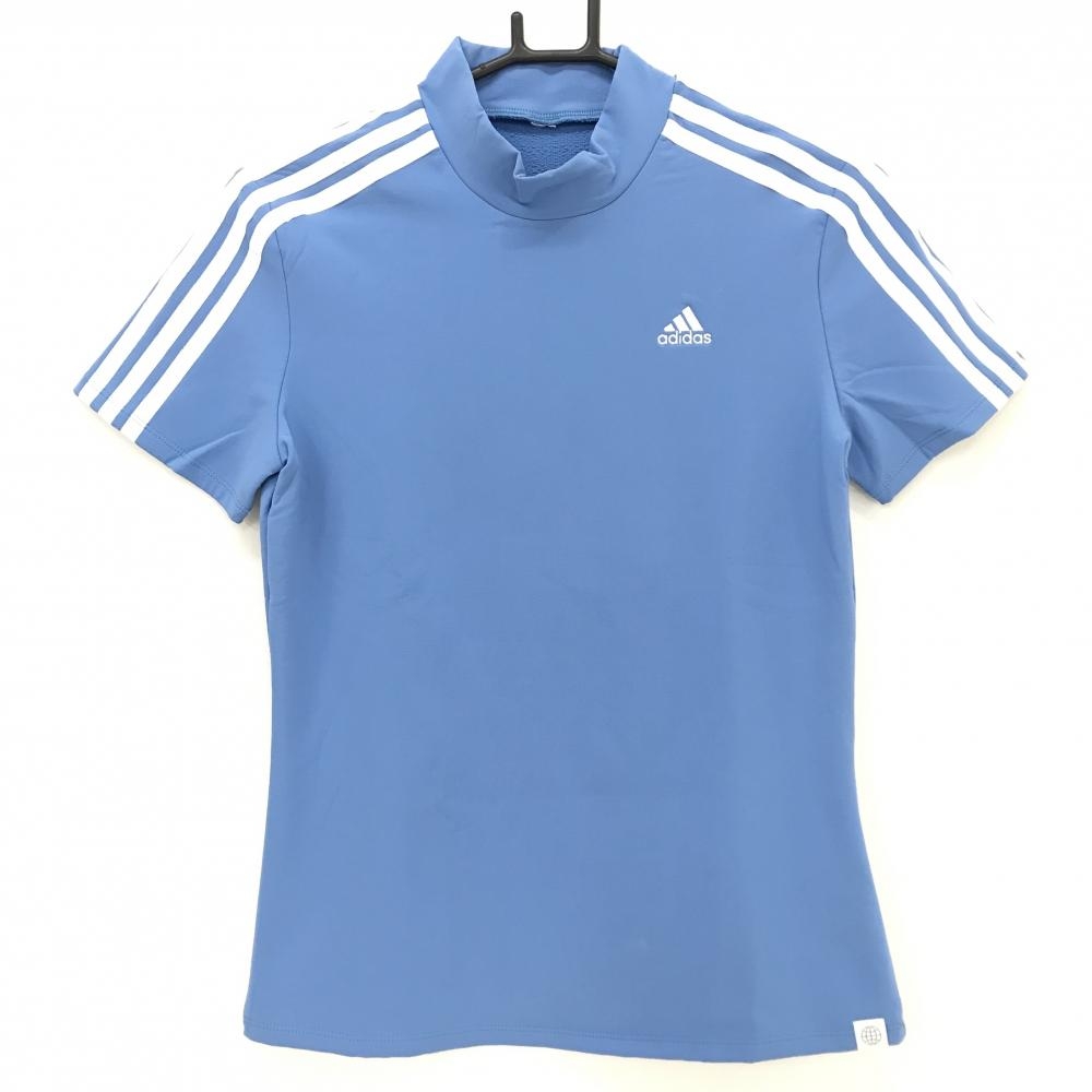 【美品】アディダス 半袖ハイネックシャツ ライトブルー×白 袖3ライン  レディース UKURAN J32 ゴルフウェア adidas