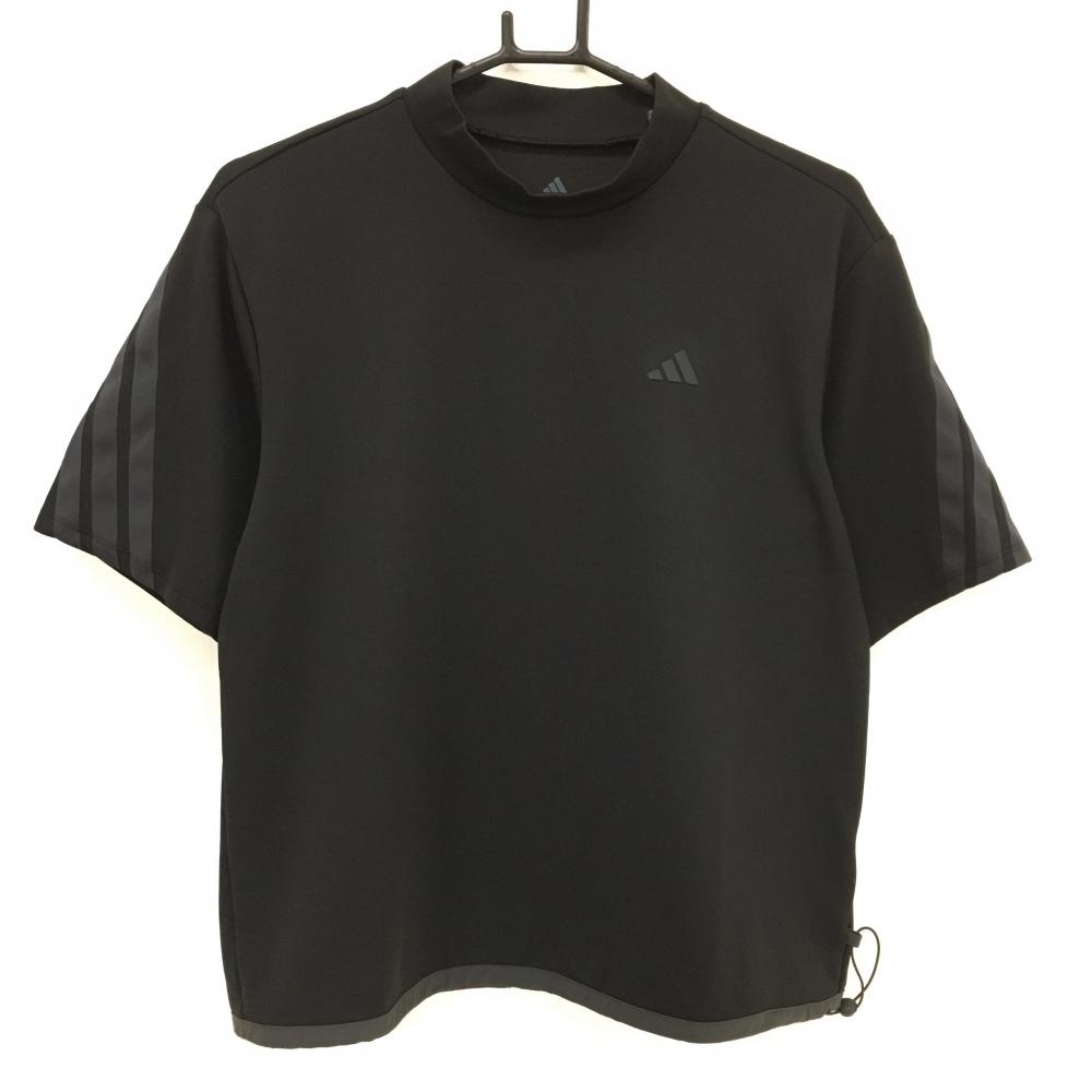 【超美品】アディダス 半袖ハイネックシャツ 黒 袖3ライン 裾ドローコード レディース M ゴルフウェア 2024年モデル adidas