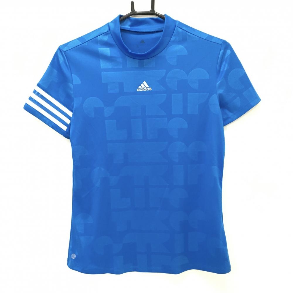 【超美品】アディダス 半袖ハイネックシャツ ブルー 地模様 袖3ライン レディース M ゴルフウェア adidas