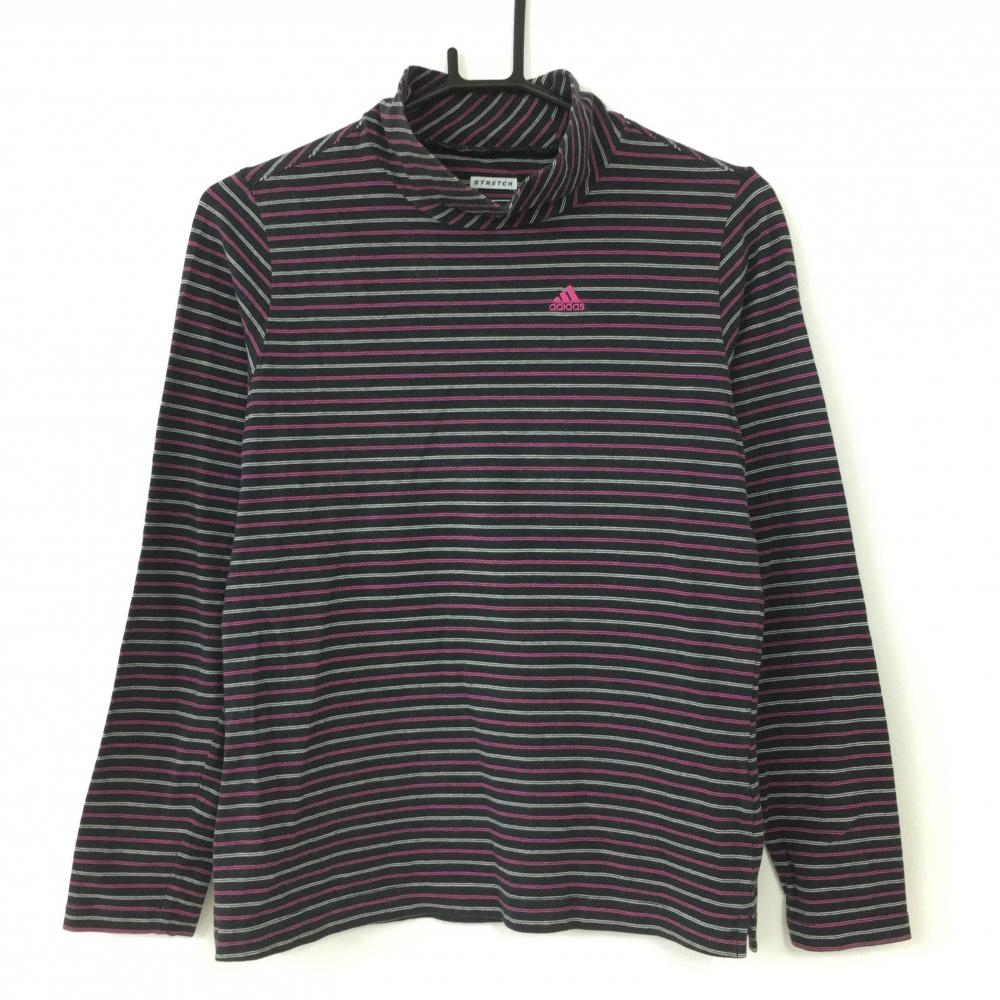 アディダス 長袖ハイネックシャツ 黒×白×ピンク ボーダー ストレッチ ロゴ刺繍 レディース M ゴルフウェア adidas
