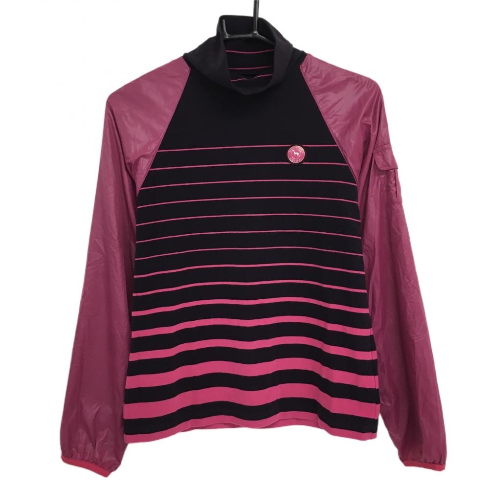 【超美品】アディダス 長袖ハイネックシャツ パープル×ピンク ボーダー 異素材 ロゴワッペン レディース 38 ゴルフウェア adidas