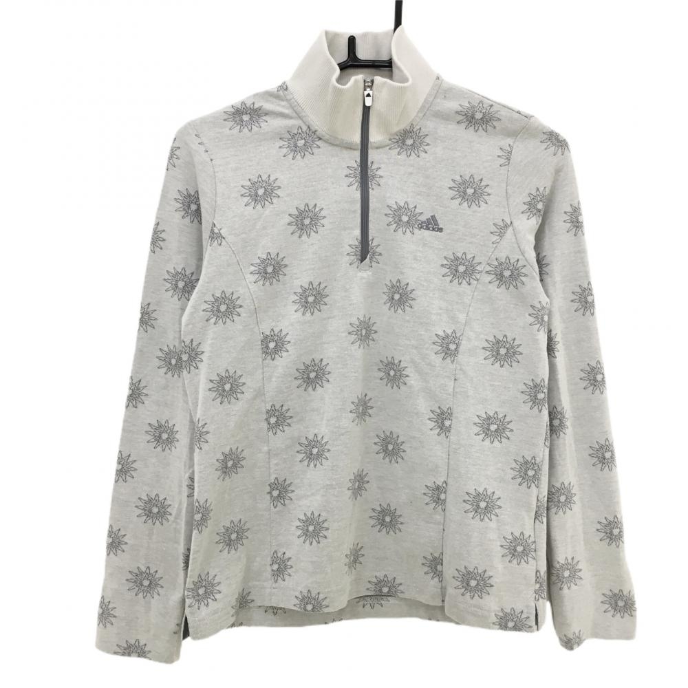 【美品】アディダス 長袖ハイネックシャツ グレー 総柄 ハーフジップ レディース L/G ゴルフウェア adidas