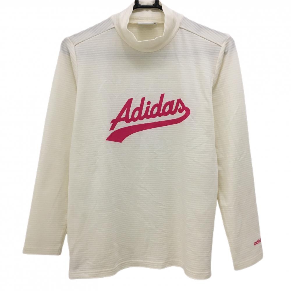 アディダス 長袖ハイネックシャツ アイボリー ボーダー織生地 ロゴピンク  レディース L/G ゴルフウェア adidas