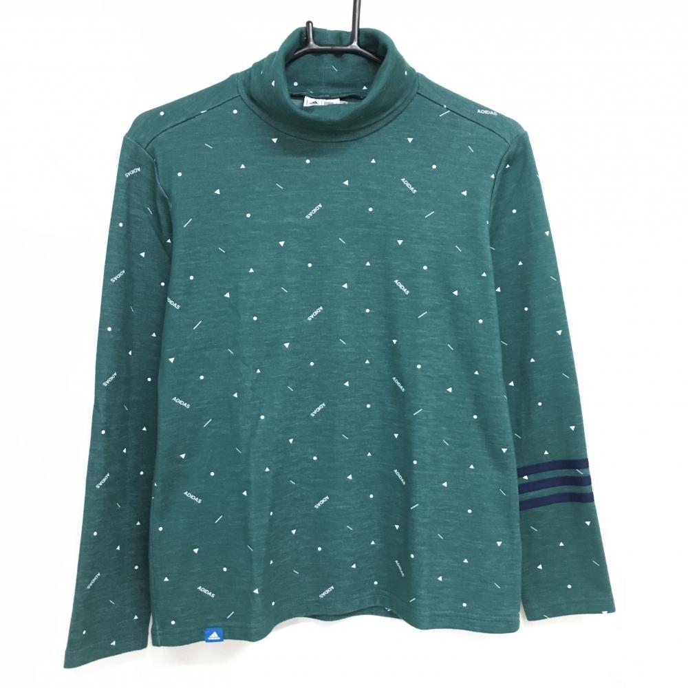 【超美品】アディダス 長袖ハイネックシャツ グリーン×白 総柄 微起毛 袖3ライン レディース L/G ゴルフウェア adidas