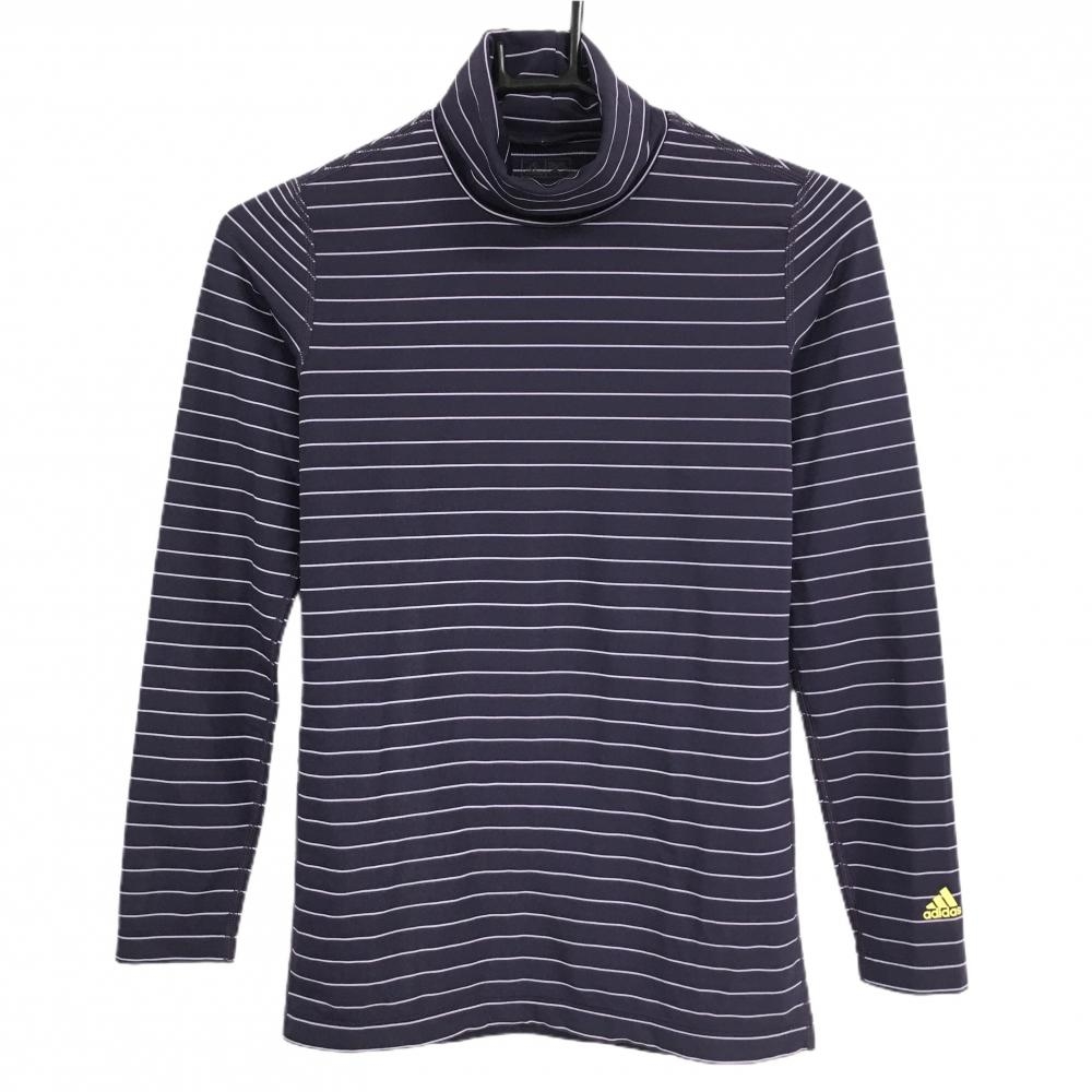 【美品】アディダス 長袖タートルネックシャツ パープル ボーダー ストレッチ インナー レディース M/M ゴルフウェア adidas