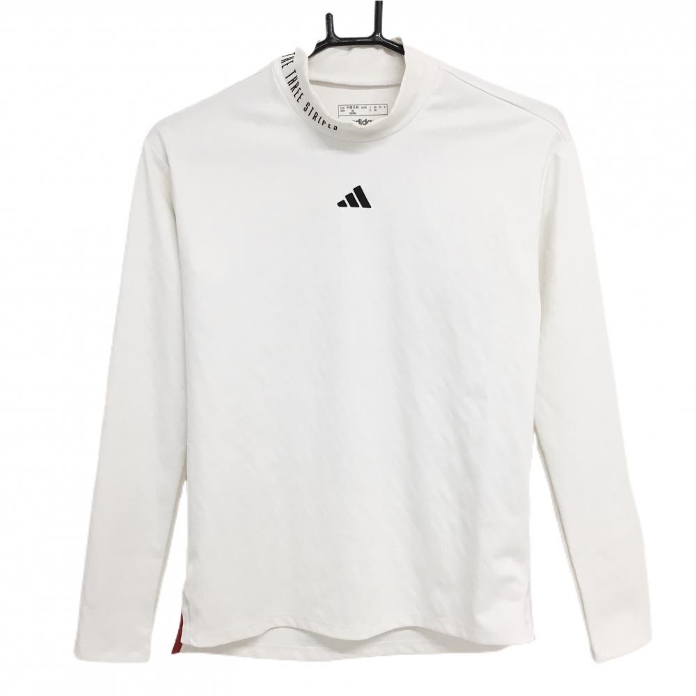 アディダス 長袖ハイネックシャツ 白 ロゴ総柄地模様 ネック英字ロゴ黒 レディース S ゴルフウェア 2024年モデル adidas