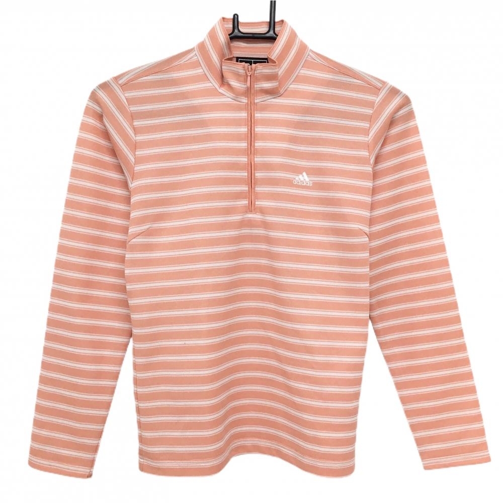 【美品】アディダス 長袖ハイネックシャツ オレンジ×白 ボーダー ハーフジップ レディース S/P ゴルフウェア adidas