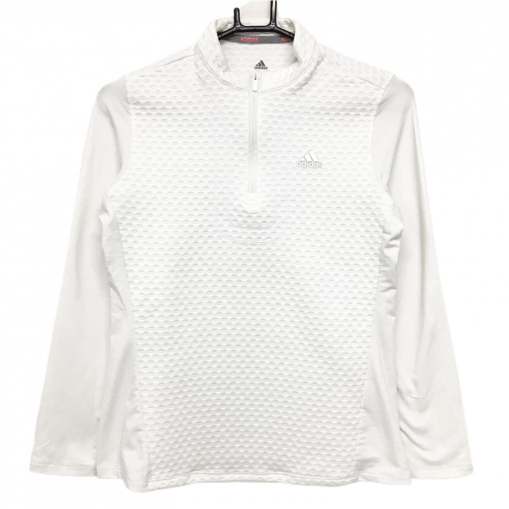 【美品】アディダス 長袖ハイネックシャツ 白 一部織生地 ハーフジップ 胸ロゴ  レディース M ゴルフウェア adidas