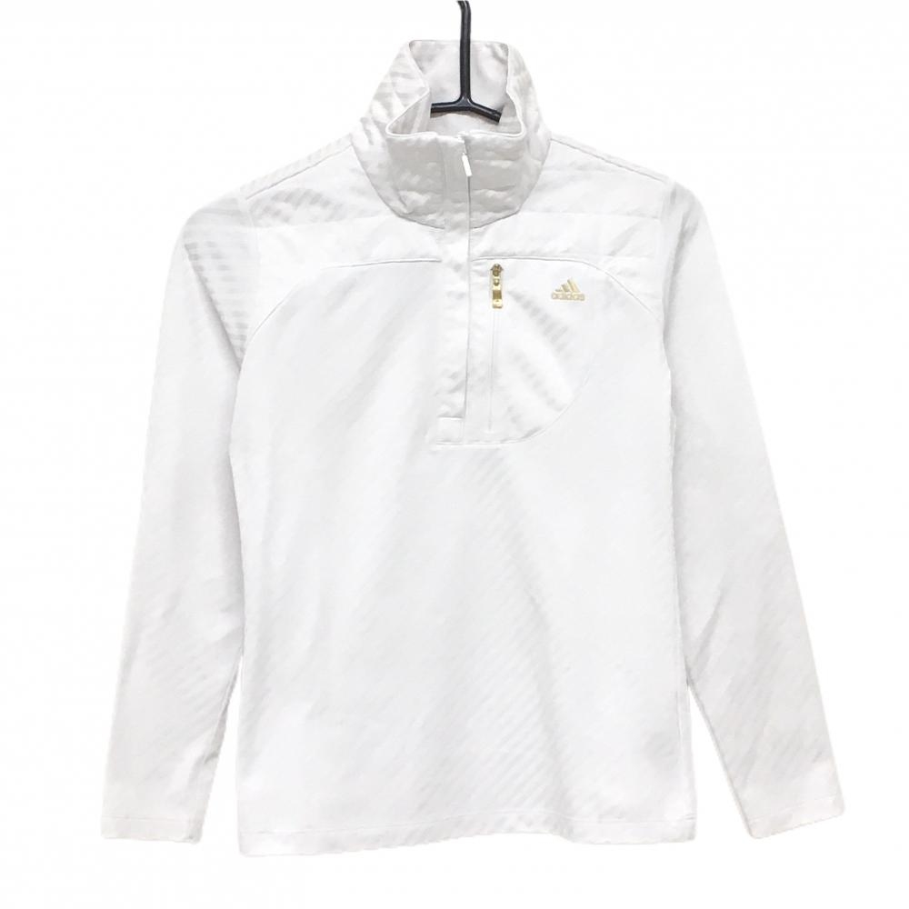 アディダス 長袖ハイネックシャツ 白×ゴールド 斜めストライプ地模様 ハーフジップ  レディース XS/XP ゴルフウェア adidas