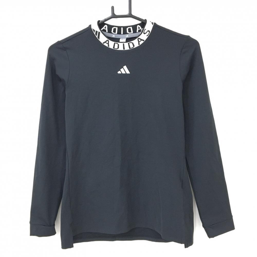 【超美品】アディダス 長袖ハイネックシャツ 黒×白 ネックロゴ 裏微起毛  レディース L ゴルフウェア 2023年モデル adidas