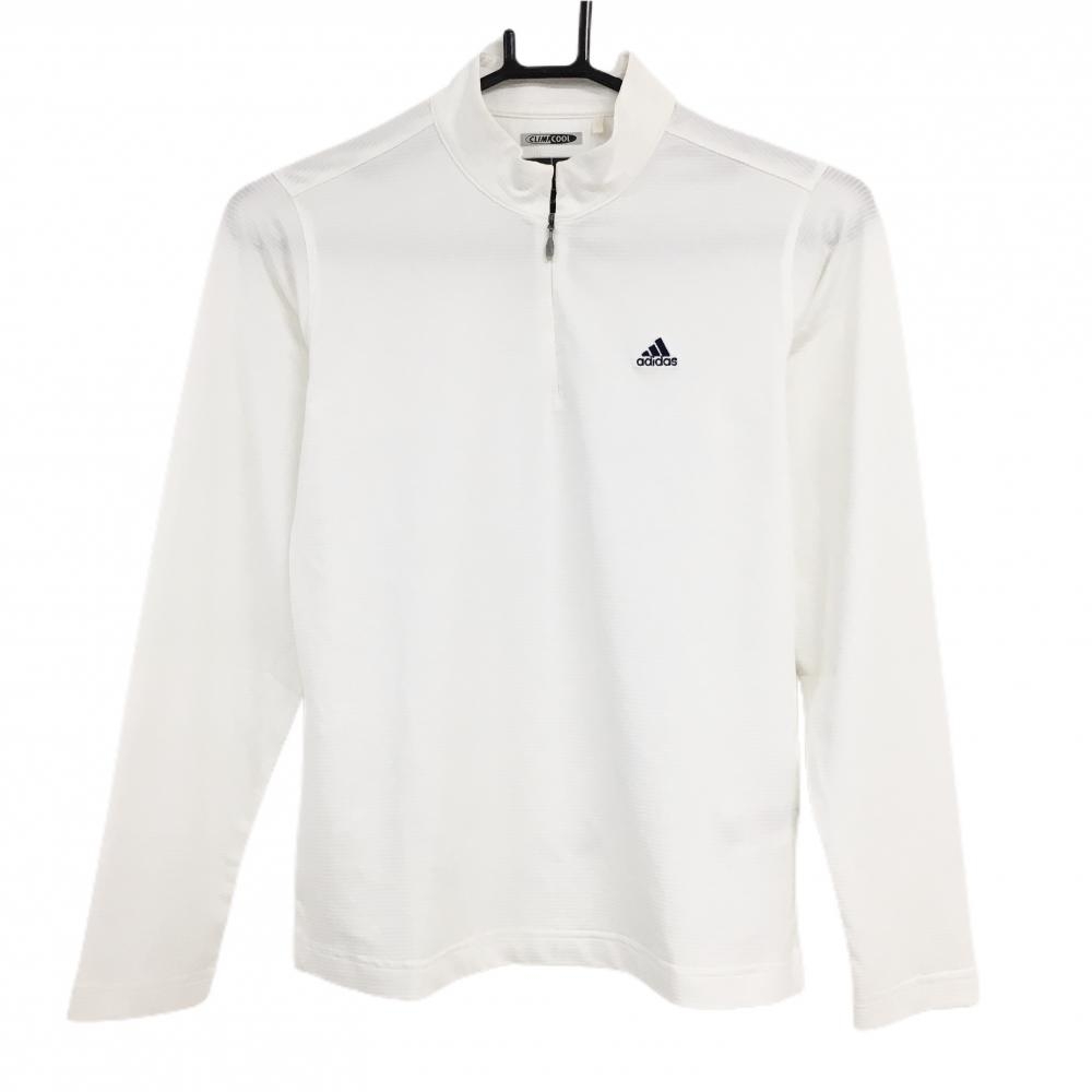 【超美品】アディダス 長袖ハイネックシャツ 白 ボーダー地模様 ロゴ刺しゅう ハーフジップ レディース S/P ゴルフウェア adidas