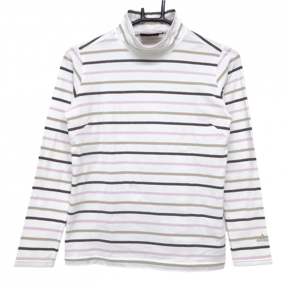 【美品】アディダス 長袖ハイネックシャツ 白×ピンク×ブラウン ボーダー 袖口ロゴ  レディース S/P ゴルフウェア adidas