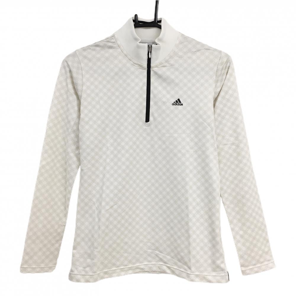 アディダス 長袖ハイネックシャツ 白×ライトベージュ ブロック柄風 ハーフジップ  レディース M ゴルフウェア adidas