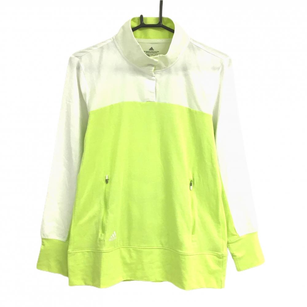 【美品】アディダス 長袖ハイネックシャツ ライトグリーン×白 スナップボタン 裾ロゴ レディース M ゴルフウェア adidas
