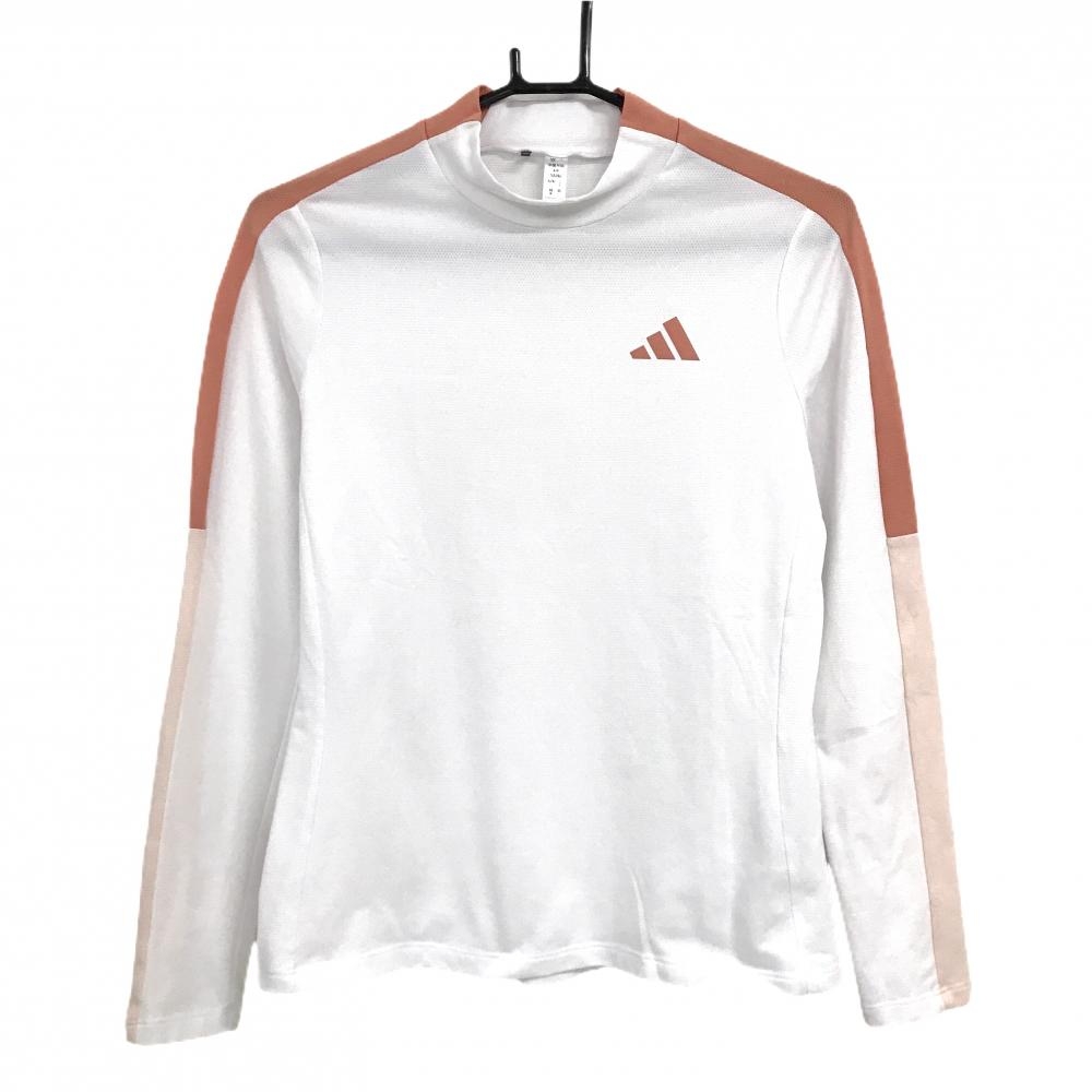 【超美品】アディダス 長袖ハイネックシャツ 白×サーモンオレンジ ストレッチ メッシュ調 レディース L ゴルフウェア adidas