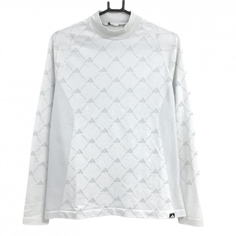 【美品】アディダス 長袖ハイネックシャツ ライトグレー×白 前面・袖総柄 レディース  ゴルフウェア adidas