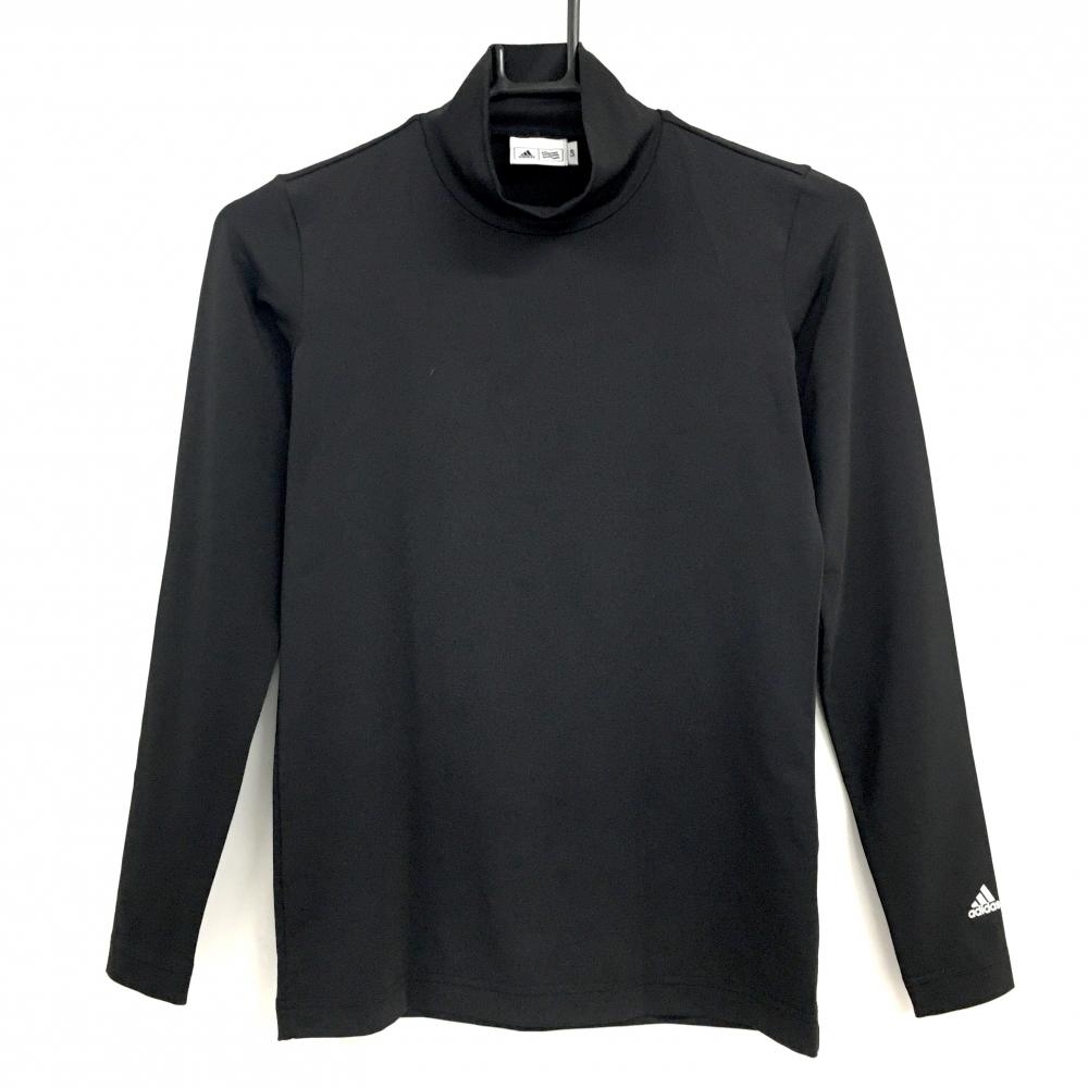 【超美品】アディダス 長袖ハイネックシャツ 黒 ストレッチ 袖ロゴプリント レディース S/P ゴルフウェア adidas