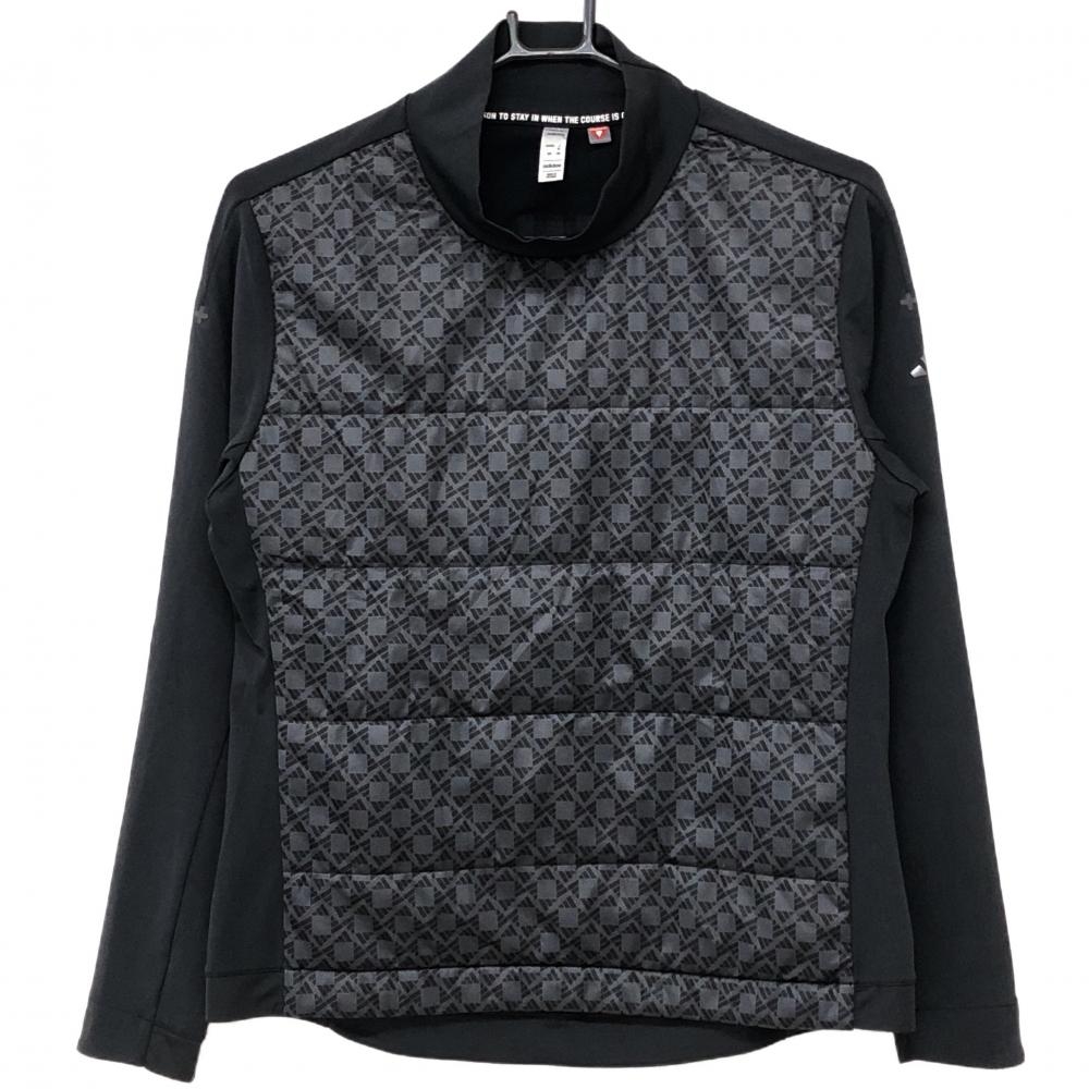 【超美品】アディダス 長袖ハイネックシャツ 黒×グレー 前身頃中綿 総柄 裏微起毛 COLD.RDY  レディース XL ゴルフウェア adidas
