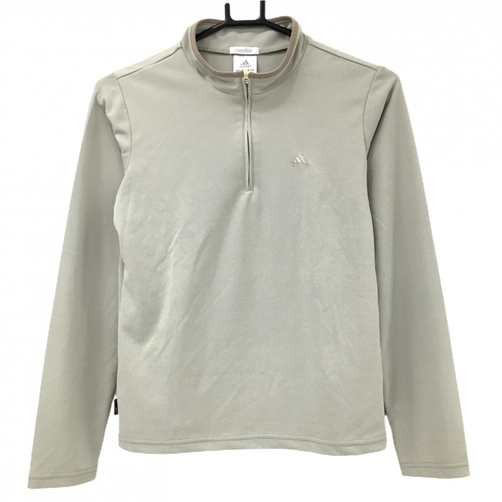 【超美品】アディダス 長袖ハイネックシャツ ライトカーキ系 ロゴ刺しゅう ハーフジップ レディース M ゴルフウェア adidas