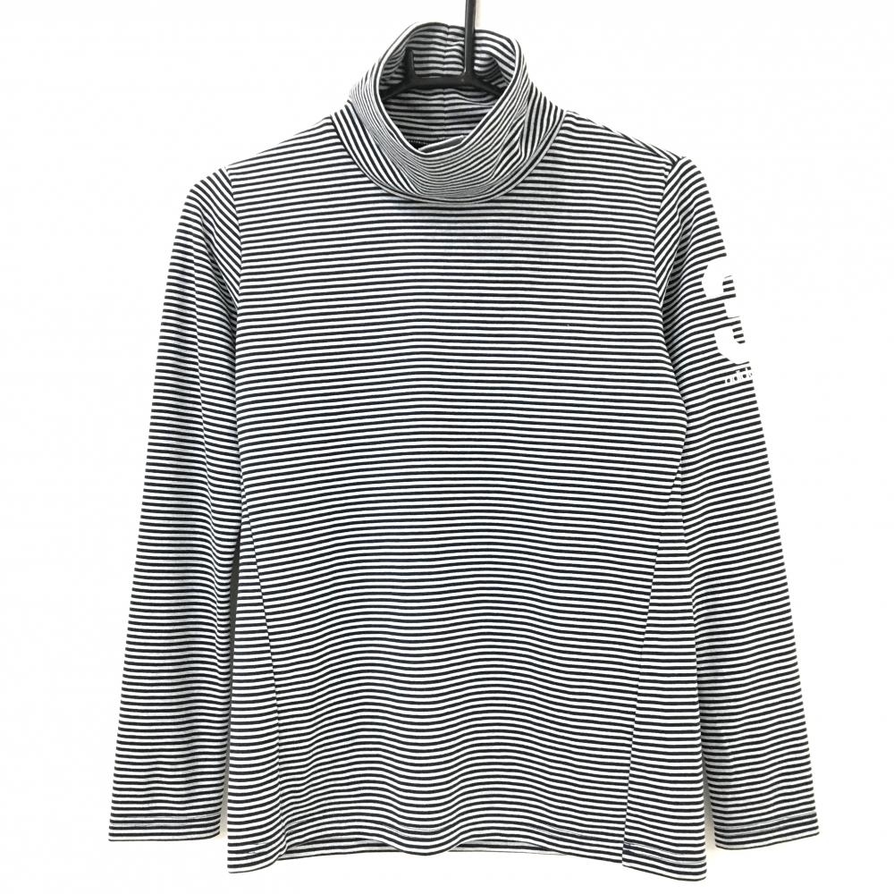 【超美品】アディダス 長袖タートルネックシャツ ライトグレー×黒 ボーダー 袖ロゴ刺しゅう レディース M/M ゴルフウェア adidas