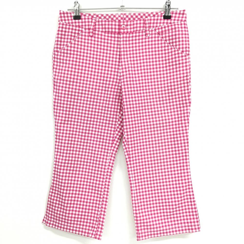 【美品】アディダス 半端丈パンツ ピンク×白 ギンガムチェック ロゴ刺しゅう レディース L ゴルフウェア adidas