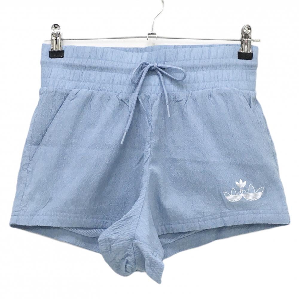 【超美品】アディダス ショートパンツ ライトブルー ロゴプリント 地模様 ウエストゴム レディース M ゴルフウェア adidas