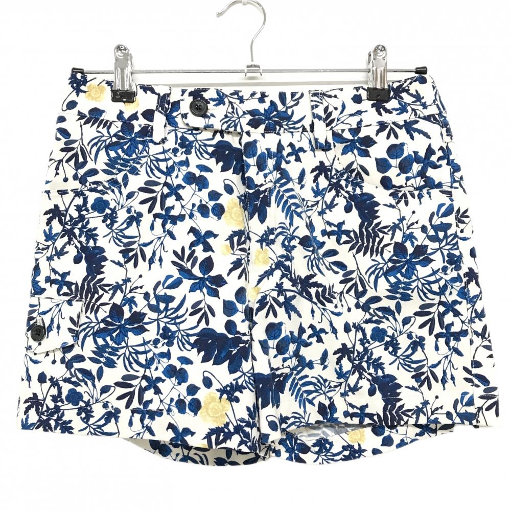【超美品】アディダス ショートパンツ 白×ブルー リーフ総柄 ロゴイエロー レディース S/P ゴルフウェア adidas