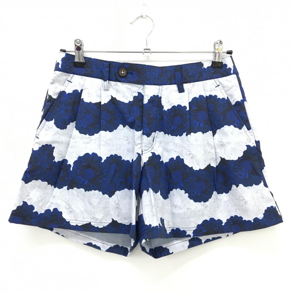【超美品】アディダス ショートパンツ ネイビー×白 花柄 ボーダー風 レディース M/M ゴルフウェア adidas