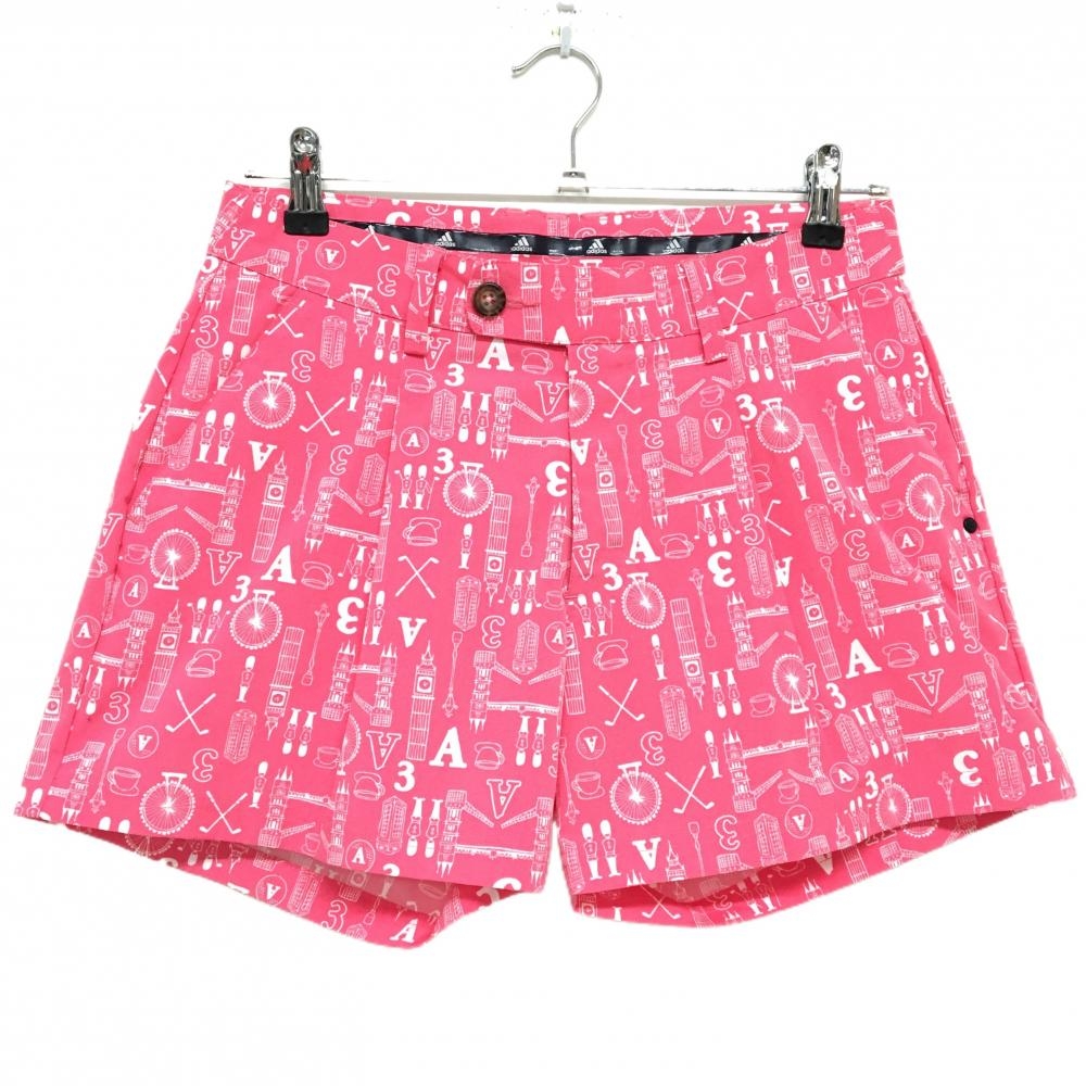 【超美品】アディダス ショートパンツ ピンク×白 イギリスモチーフ総柄 ストレッチ  レディース M/M ゴルフウェア adidas