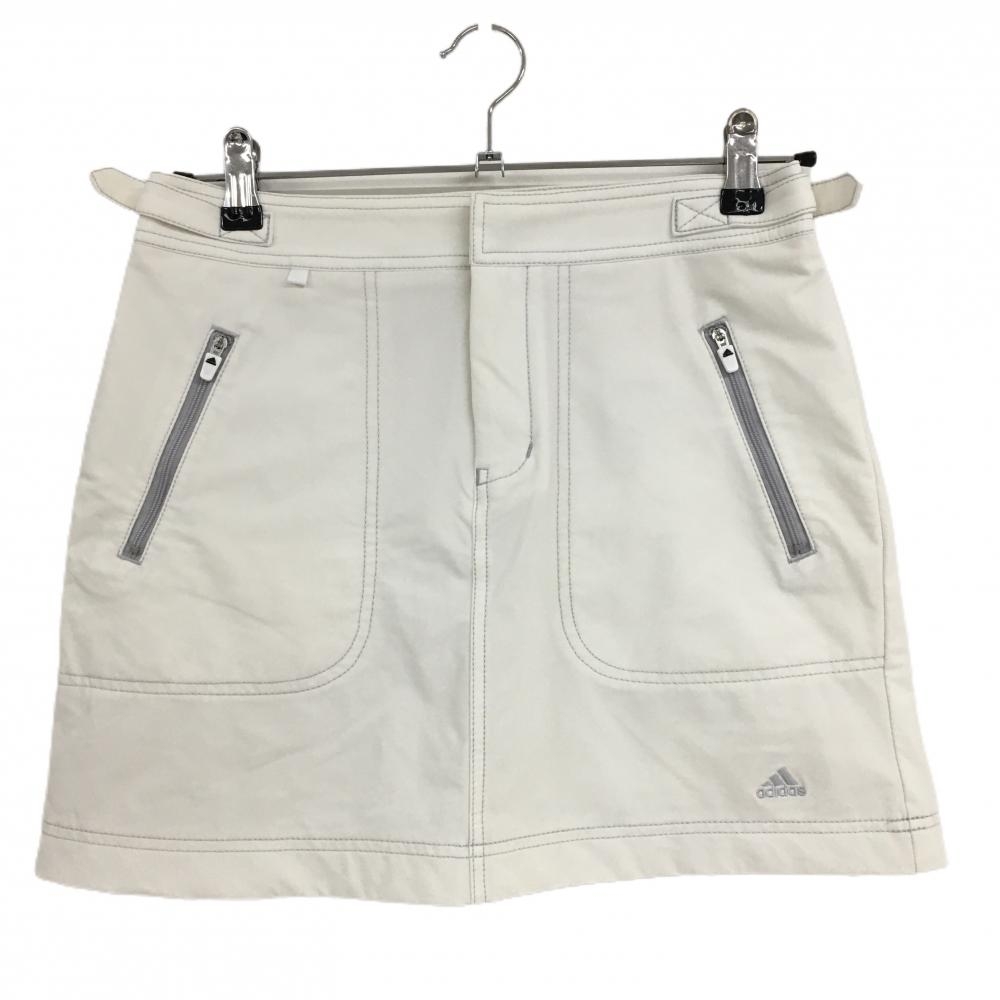 【超美品】アディダス スカート 白×ライトグレー ステッチ ロゴ刺しゅう ジップポケット レディース S/P ゴルフウェア adidas