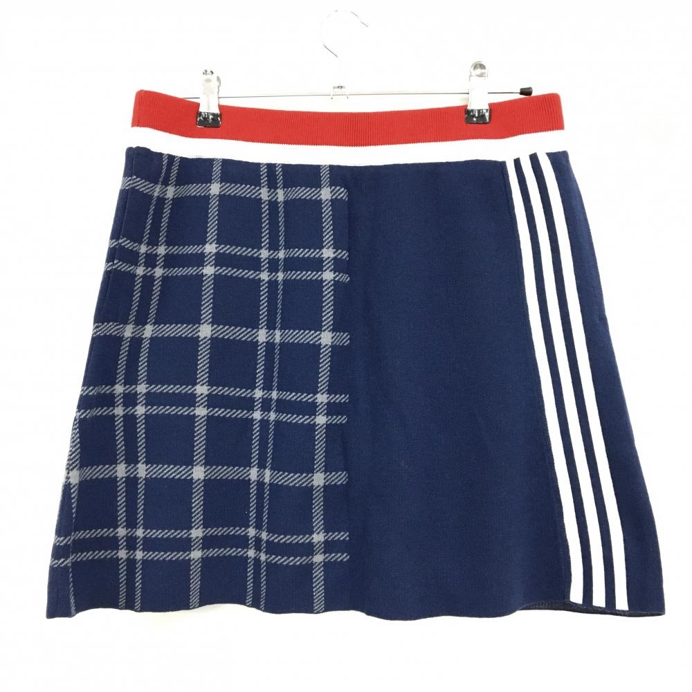 【超美品】アディダス ニットスカート ネイビー×グレー 右チェック 内側インナーパンツ レディース 2XL ゴルフウェア 2024年モデル adidas
