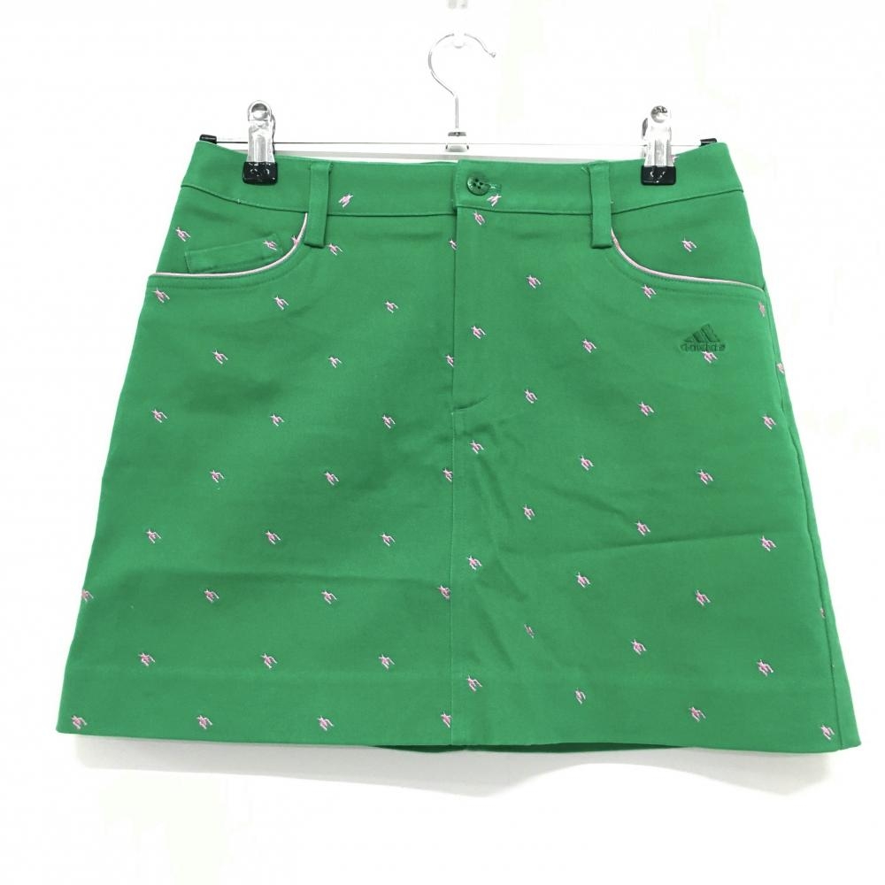 アディダス スカート グリーン×ピンク 刺しゅう総柄 ポケットパイピングライン ストレッチ レディース M ゴルフウェア adidas