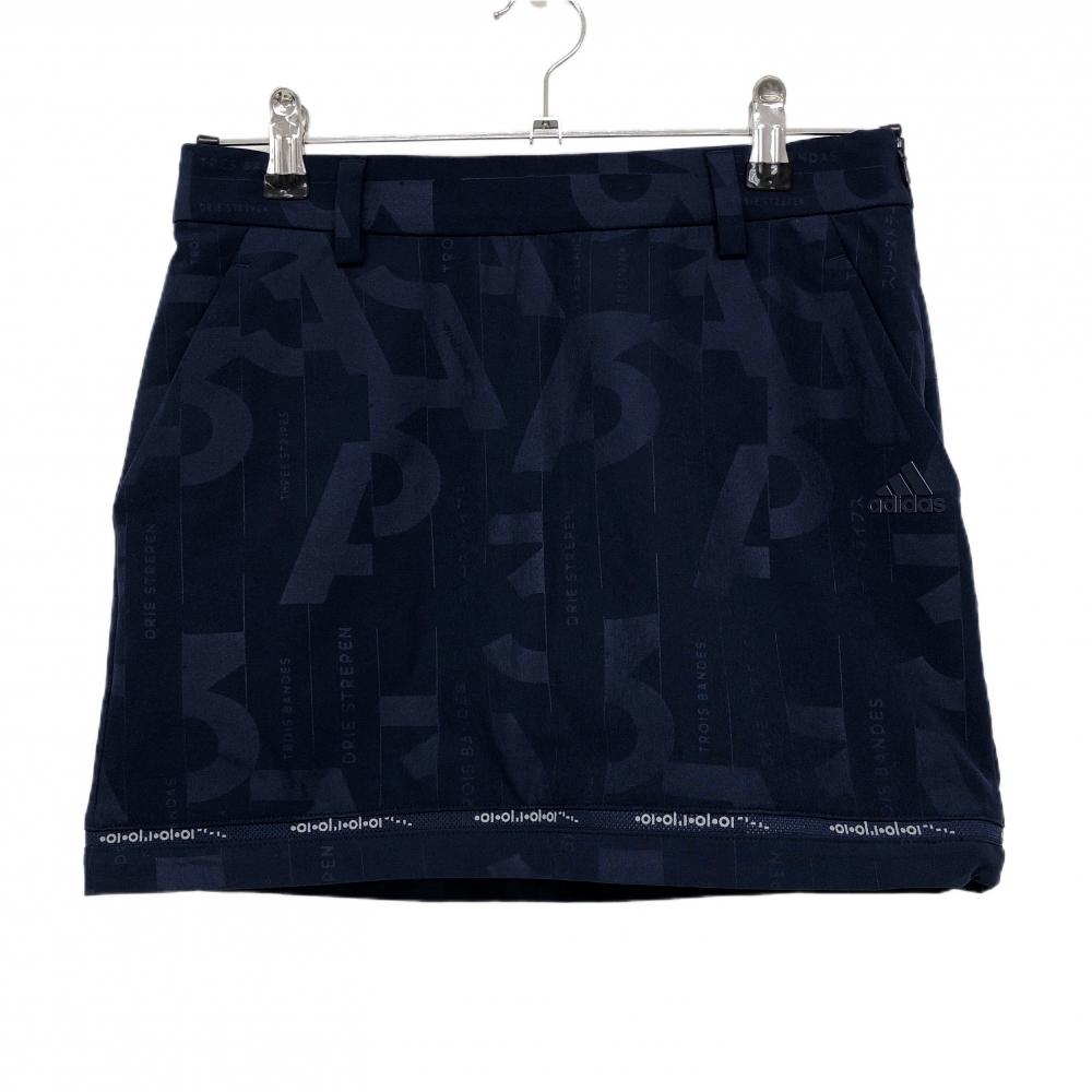 【美品】アディダス スカート ネイビー×蛍光イエロー 総柄地模様 英字 内側インナーパンツ レディース S ゴルフウェア adidas