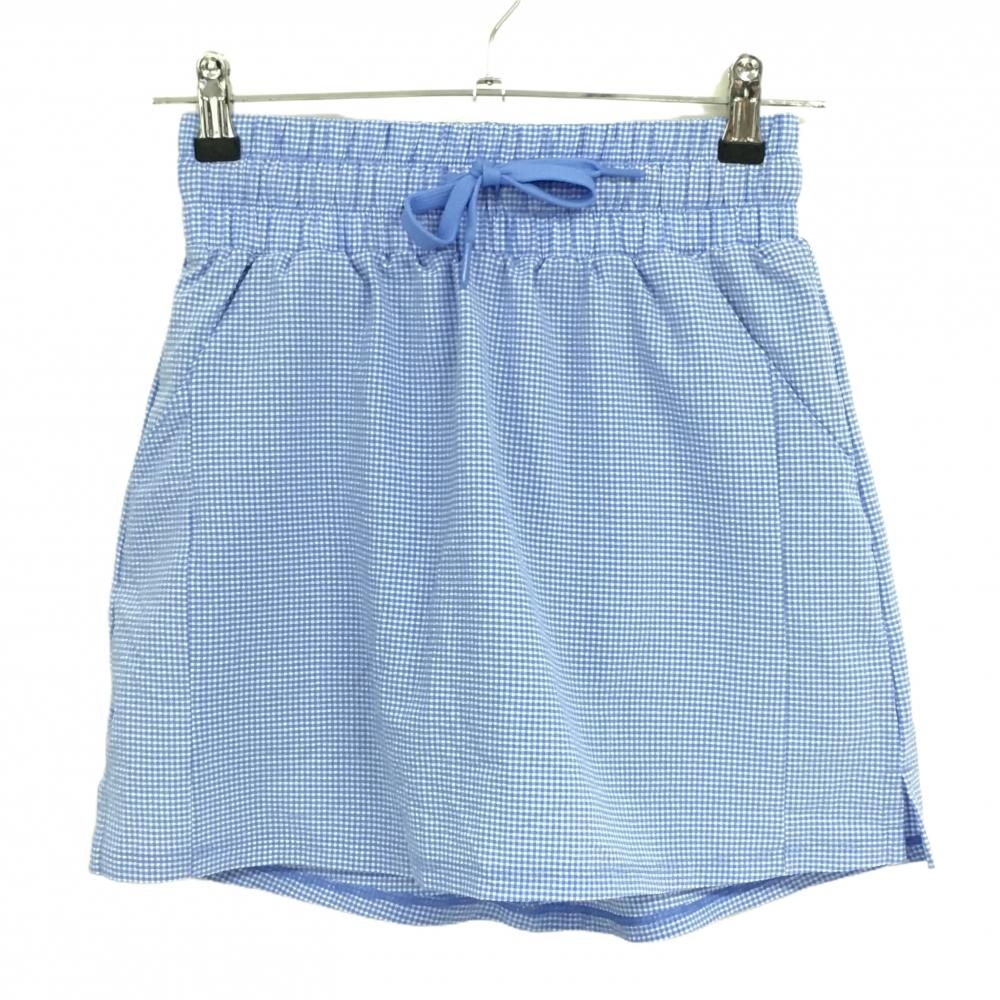 【超美品】アディダス スカート ライトブルー×白 チェック柄 サッカー生地 ウエストゴム 調節紐 レディース S ゴルフウェア adidas