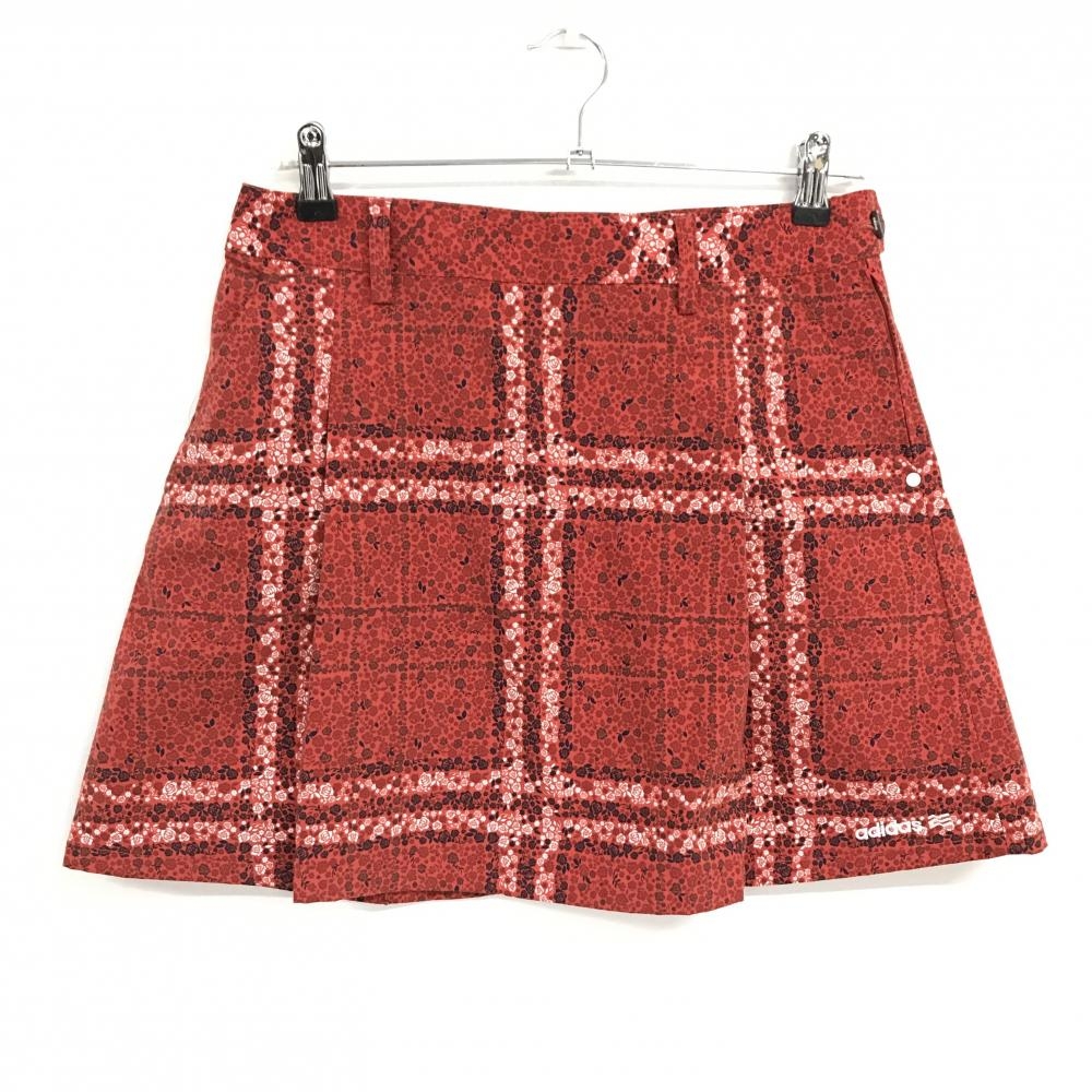 【超美品】アディダス スカート レッド×黒 ローズ柄 格子 ロゴ刺しゅう レディース M/M ゴルフウェア adidas