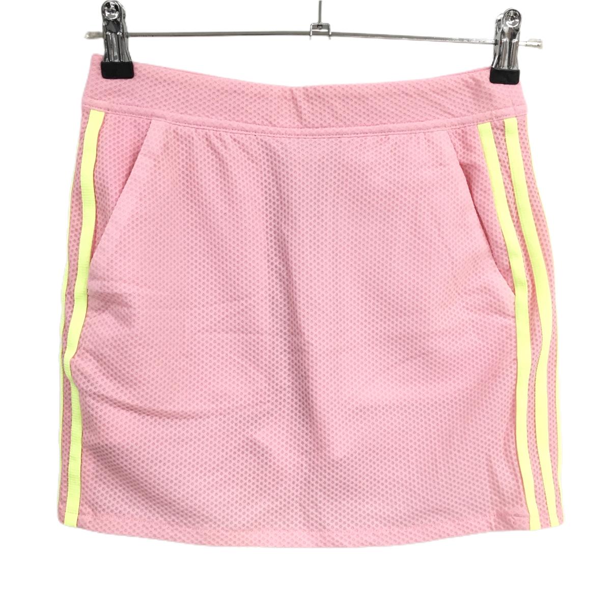 【超美品】アディダス スカート ピンク×イエロー メッシュ調 サイド3ライン バックロゴ  レディース M ゴルフウェア adidas