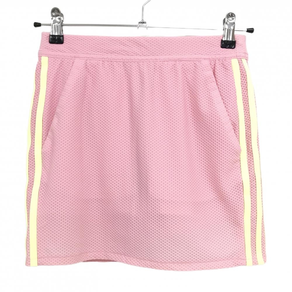 【超美品】アディダス スカート ピンク×イエロー 凸凹生地 メッシュ サイド3ライン 内側インナーパンツ レディース S ゴルフウェア adidas