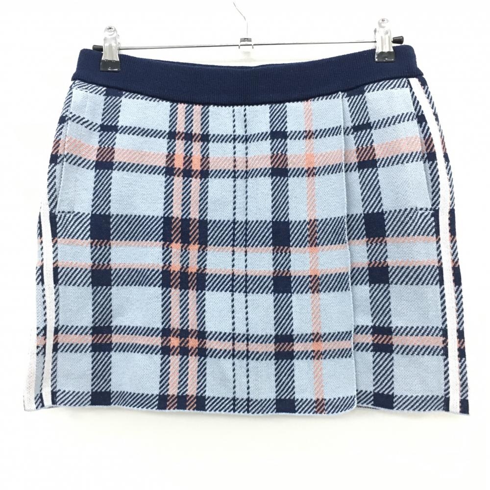 【超美品】アディダス スカート ライトブルー×ネイビー チェック柄 サイド3ライン 内側インナーパンツ レディース L ゴルフウェア adidas