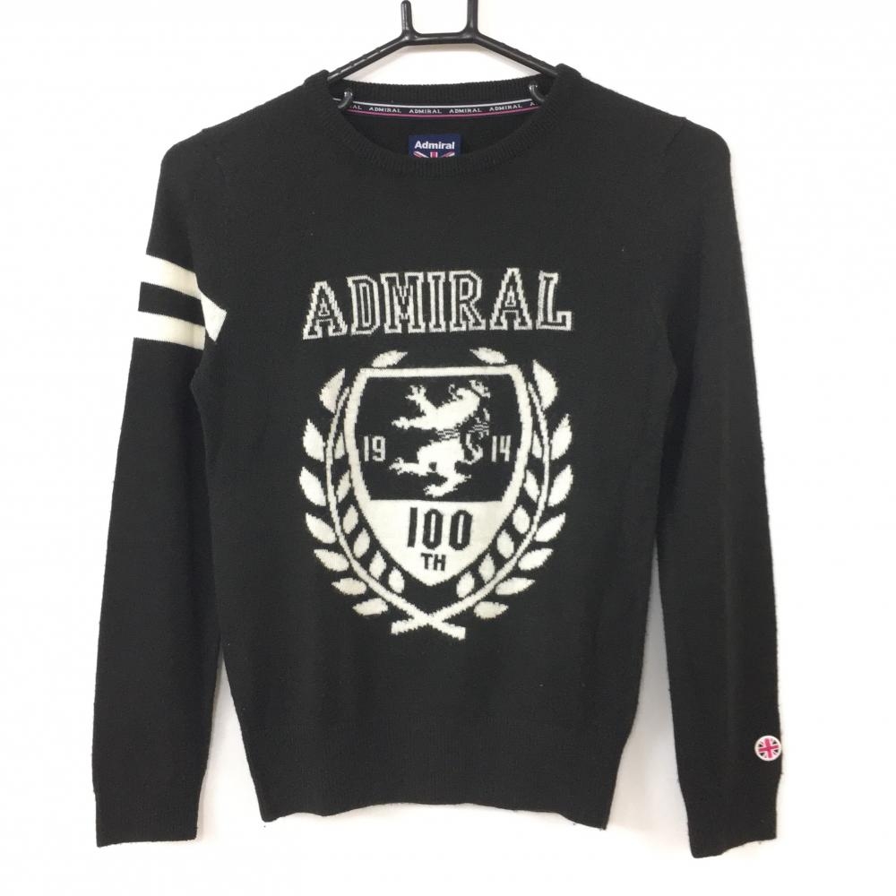 Admiral アドミラル 長袖ニットセーター 黒×白 ビッグロゴ ウール混 レディース S ゴルフウェア