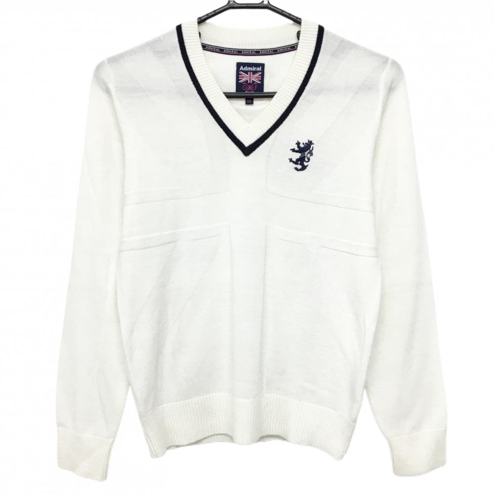 【美品】アドミラル セーター 白×ネイビー 胸ロゴ Vネック ニット ウール混 薄手 レディース M ゴルフウェア Admiral