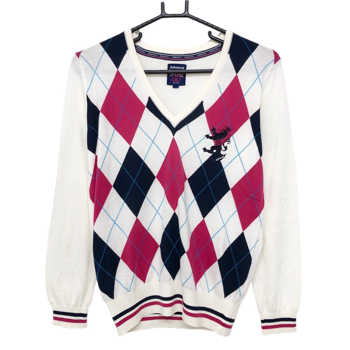 【美品】アドミラル セーター 白×ピンク アーガイル柄 ロゴ刺しゅう ニット 薄手 アクリル混 レディース L ゴルフウェア Admiral