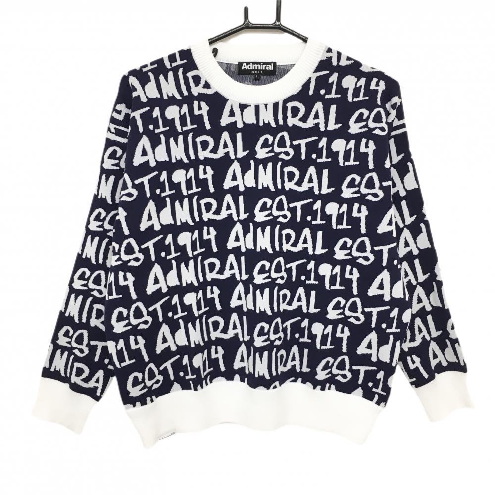 【超美品】アドミラル セーター ネイビー×白 英字総柄 ニット レディース L ゴルフウェア Admiral